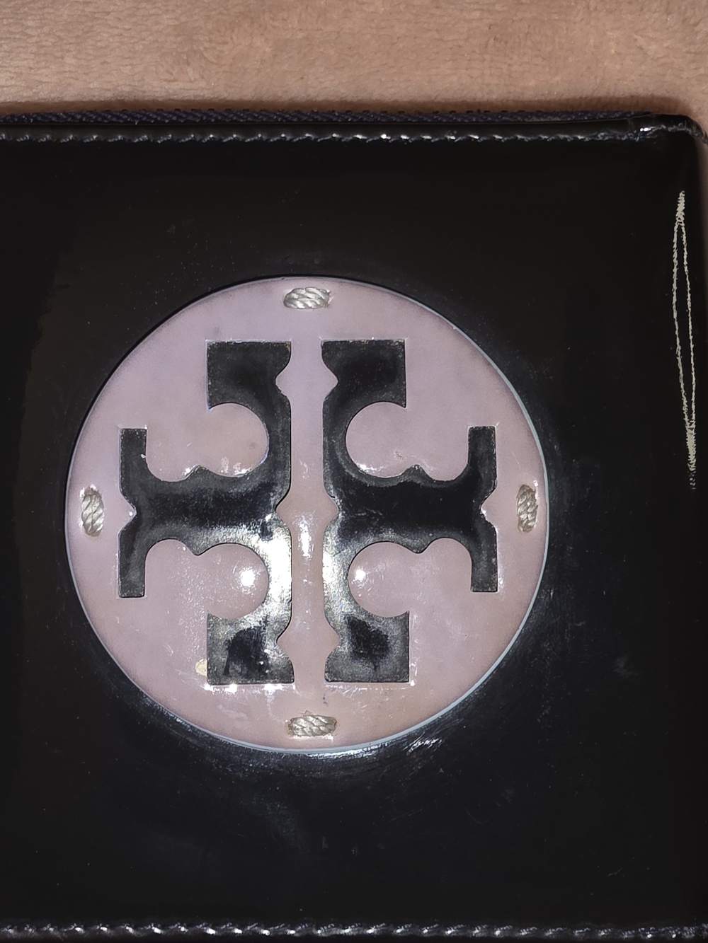 Tory Burch Black Patent Wallet with Pink Logo Medallion